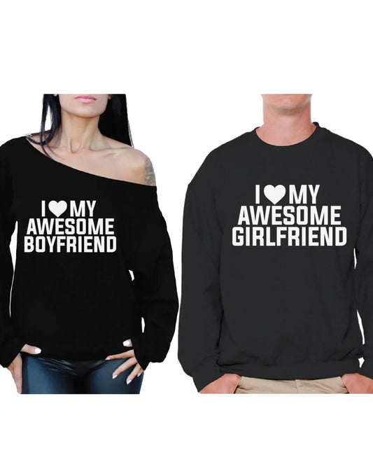 Couple Sweatshirts Girlfriend & Boyfriend Matching Couple Sweaters for Valentines Day I Love My Awesome Boyfriend off Shoulder Sweatshirt I Love My Awesome Girlfriend Sweater for Couple